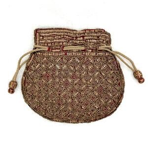 Vintage Bag Clutch Purse Handsewn Beads Sequin Satin Potli Small Size Drawstring